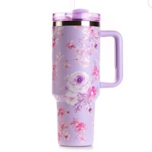 Hi Peach Lane Lavender Floral Insulated Travel Mug with Straw NWT